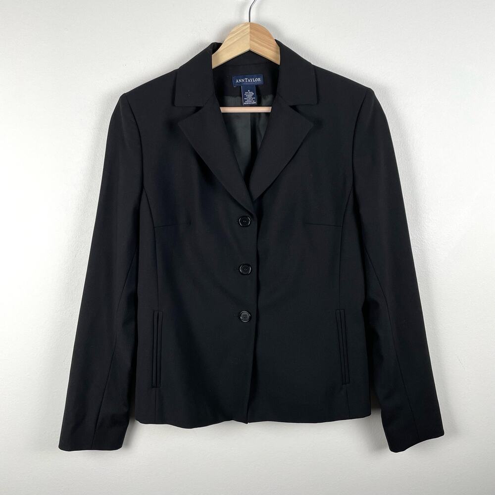 VTG Ann Taylor Wool Blazer Jacket Womens 4 Black Minimalist Quiet Luxury Classic